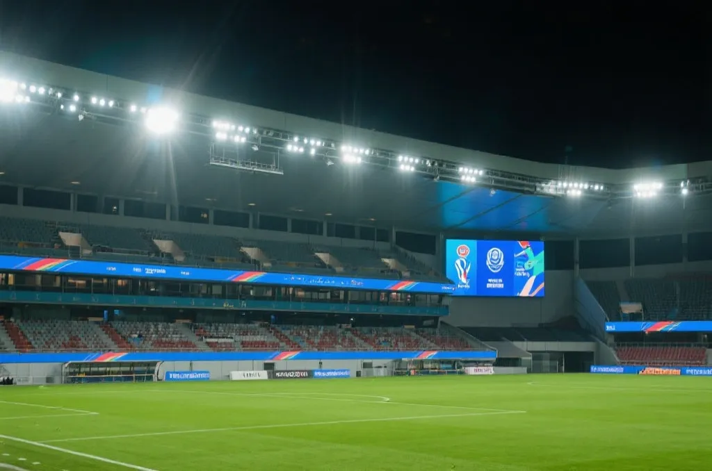 A modern sports stadium with bright floodlights and digital displays showing tournament graphics