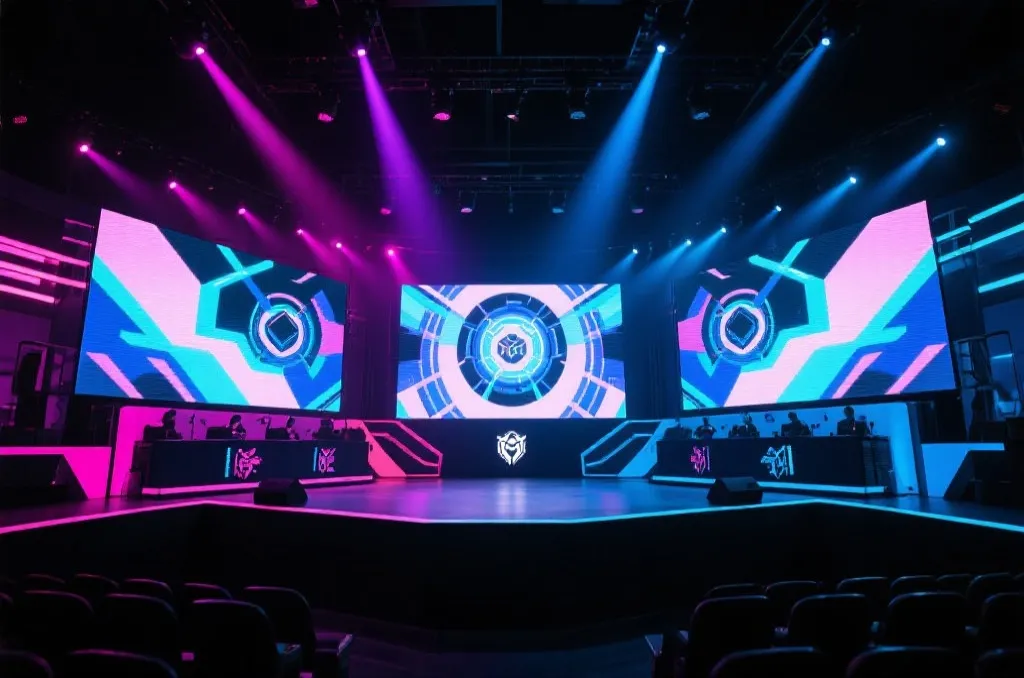 An esports arena stage with vibrant lighting and large screens showing abstract game elements