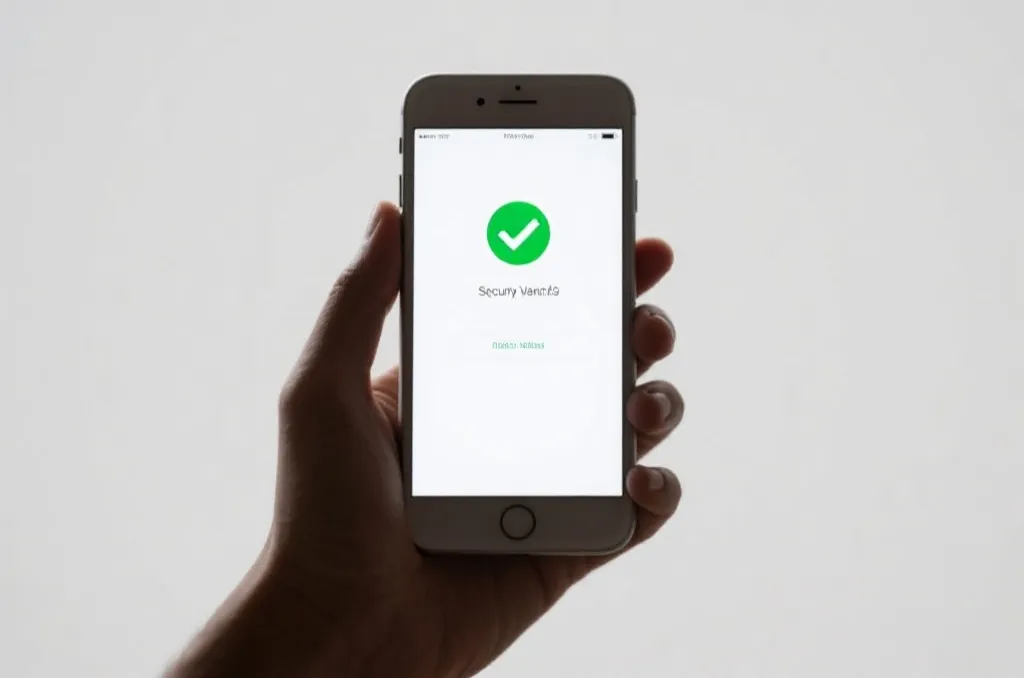 A hand holding a smartphone displaying a secure verification code with green checkmark, clean design, studio lighting