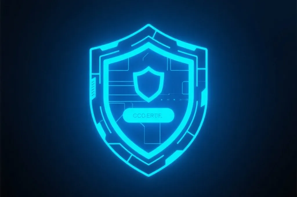 A glowing digital shield icon on a dark blue background, symbolizing cybersecurity, double-factor authentication, and data protection